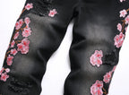 Men's high-street ripped jeans with floral embroidery patchwork, trendy street-style distressed flared jeans
