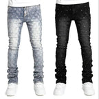 BOGGOMen's denim fashion personality straight leg men's pants European and American fashion Instagram hot item elastic pearl denim la