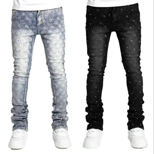 BOGGOMen's denim fashion personality straight leg men's pants European and American fashion Instagram hot item elastic pearl denim la