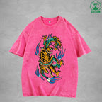 BOGGO  Dragon And TigerInterest Printed Washed T-Shirt 230G Multicolor Loose Trendy Fashionable 100%Cotton Short Sleeve Top