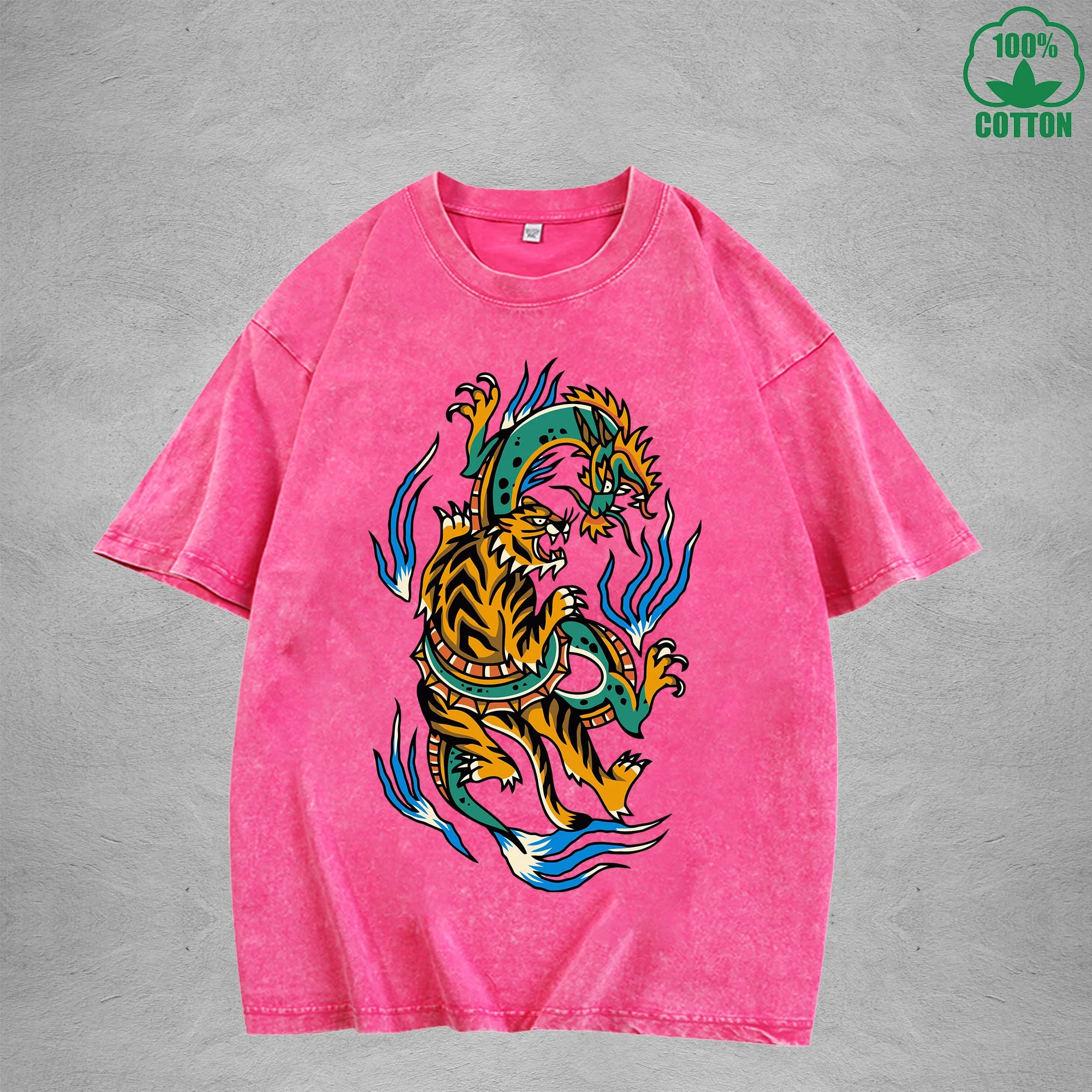 BOGGO  Dragon And TigerInterest Printed Washed T-Shirt 230G Multicolor Loose Trendy Fashionable 100%Cotton Short Sleeve Top
