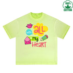 BOGGO  With All My Heart Printed Dirty WashT-Shirt 230G Multicolor Loose Trendy Fashionable 100%Cotton Short Sleeve Top