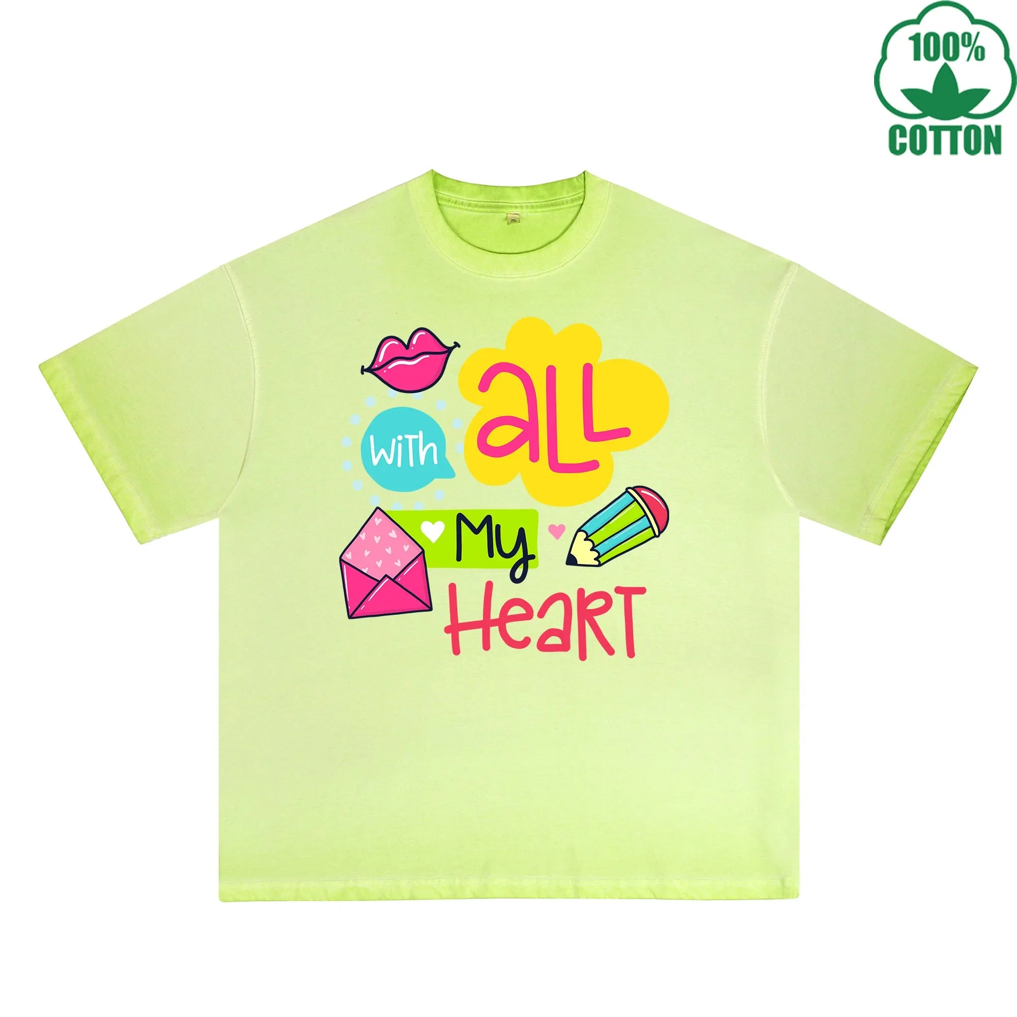 BOGGO  With All My Heart Printed Dirty WashT-Shirt 230G Multicolor Loose Trendy Fashionable 100%Cotton Short Sleeve Top