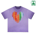 BOGGO  Colorful Heart Printed Dirty WashT-Shirt 230G Multicolor Loose Trendy Short Sleeves Fashionable 100%Cotton Top