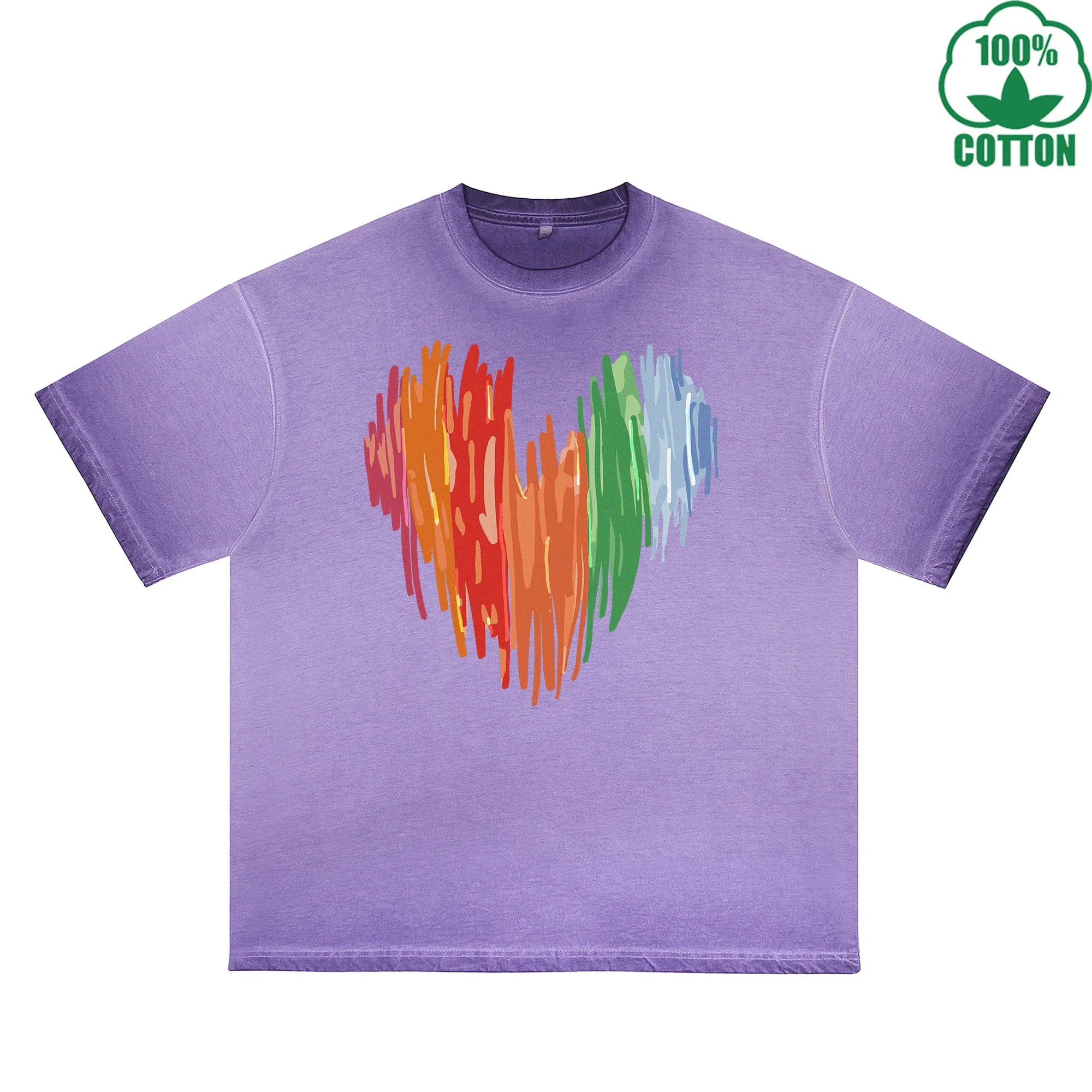 BOGGO  Colorful Heart Printed Dirty WashT-Shirt 230G Multicolor Loose Trendy Short Sleeves Fashionable 100%Cotton Top