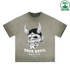 BOGGO  True Devil Printed Dirty WashT-Shirt 230G Multicolor Loose Trendy Fashionable 100%Cotton Short Sleeve Top