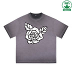 BOGGO  Rose Printed Dirty WashT-Shirt 230G Multicolor Loose Trendy Fashionable 100%Cotton Short Sleeve Top