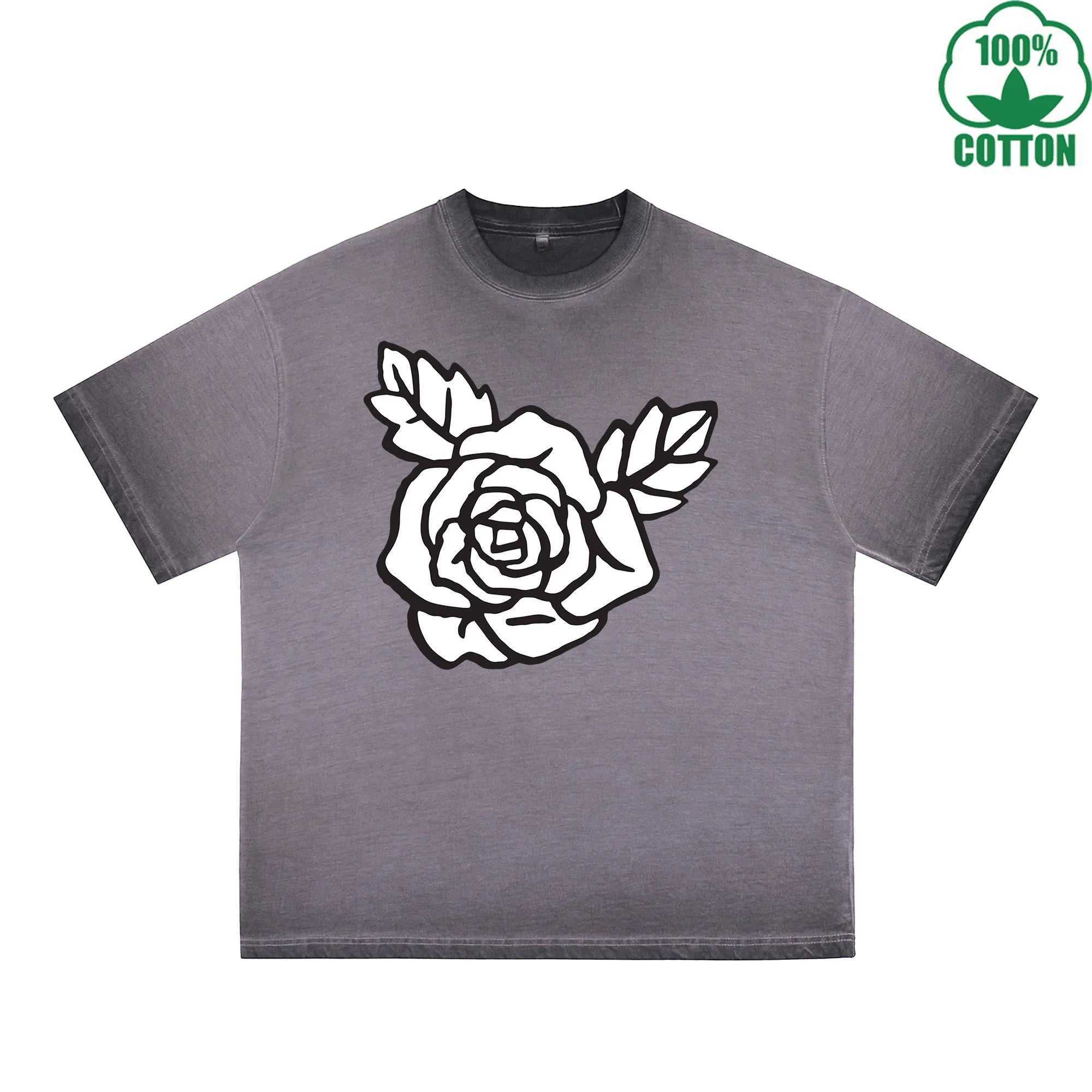 BOGGO  Rose Printed Dirty WashT-Shirt 230G Multicolor Loose Trendy Fashionable 100%Cotton Short Sleeve Top