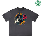 BOGGO  Skull Rose Printed Dirty WashT-Shirt 230G Multicolor Loose Trendy Fashionable 100%Cotton Short Sleeve Top