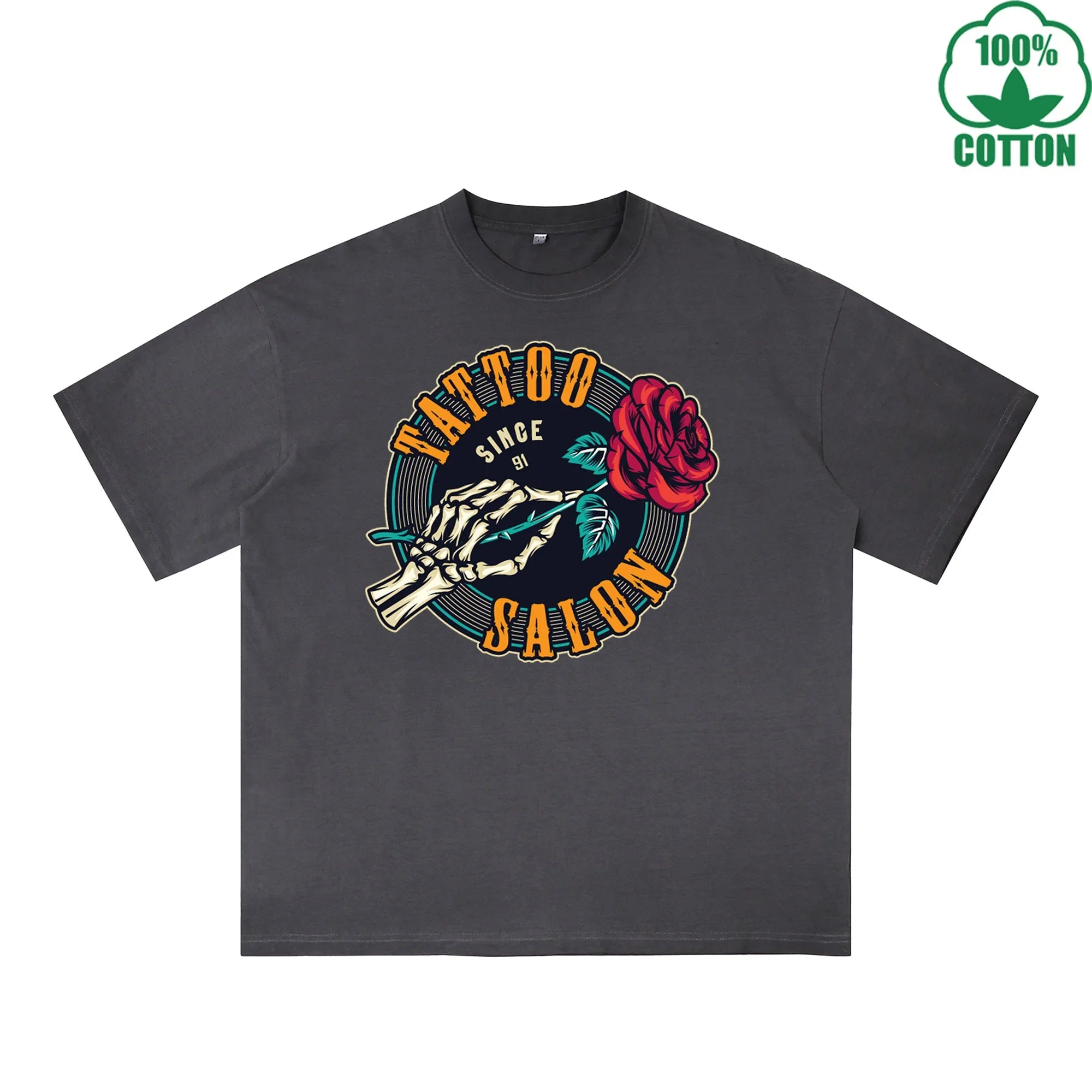 BOGGO  Skull Rose Printed Dirty WashT-Shirt 230G Multicolor Loose Trendy Fashionable 100%Cotton Short Sleeve Top