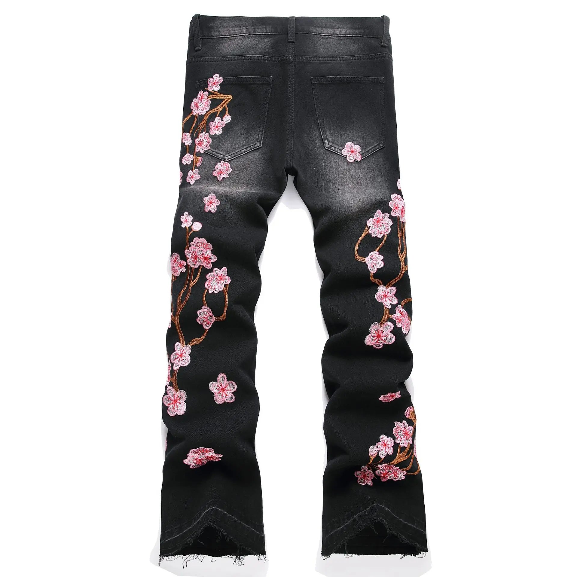 Men's high-street ripped jeans with floral embroidery patchwork, trendy street-style distressed flared jeans