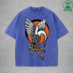 BOGGO  Red Crowned CraneInterest Printed Washed T-Shirt 230G Multicolor Loose Trendy Fashionable 100%Cotton Short Sleeve Top