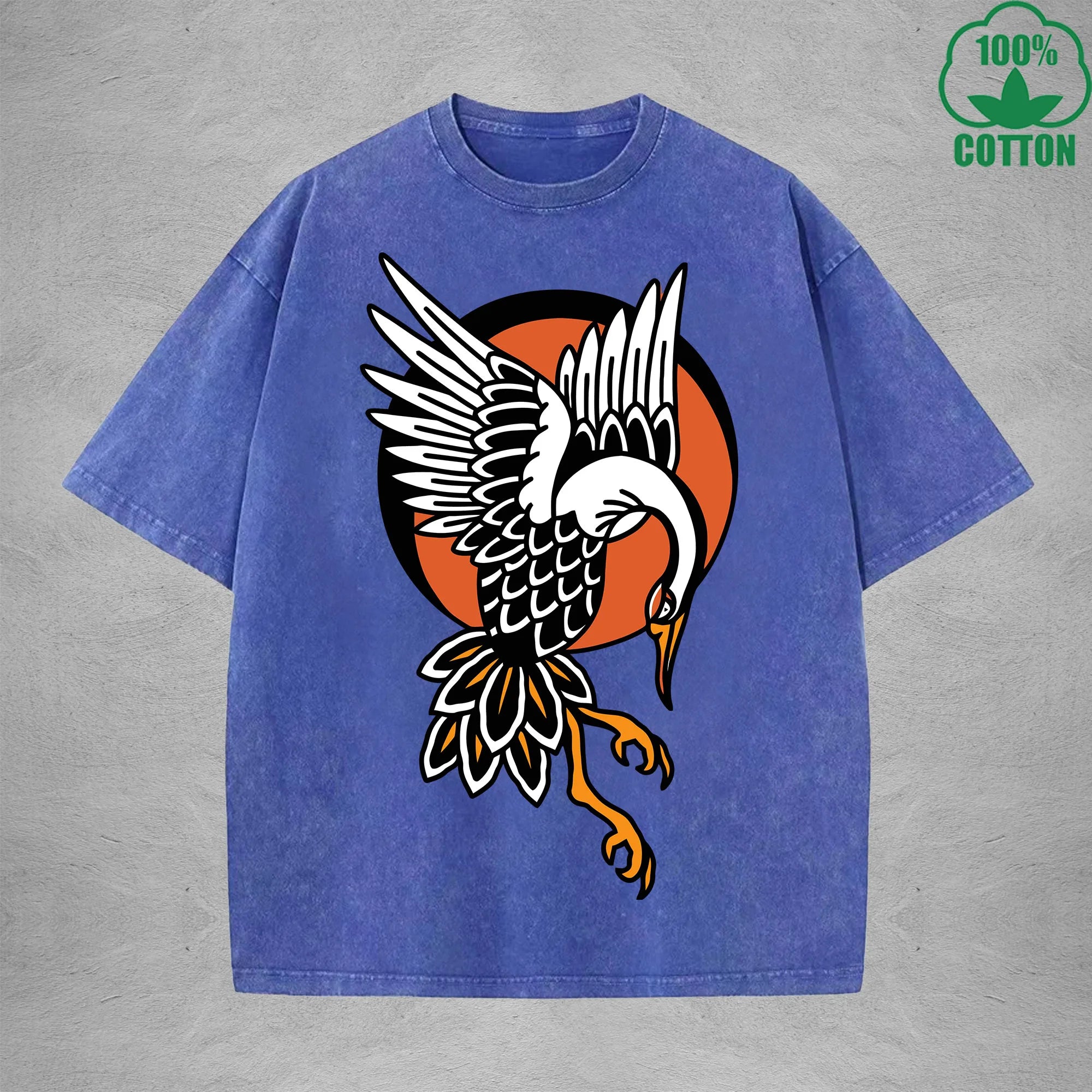 BOGGO  Red Crowned CraneInterest Printed Washed T-Shirt 230G Multicolor Loose Trendy Fashionable 100%Cotton Short Sleeve Top