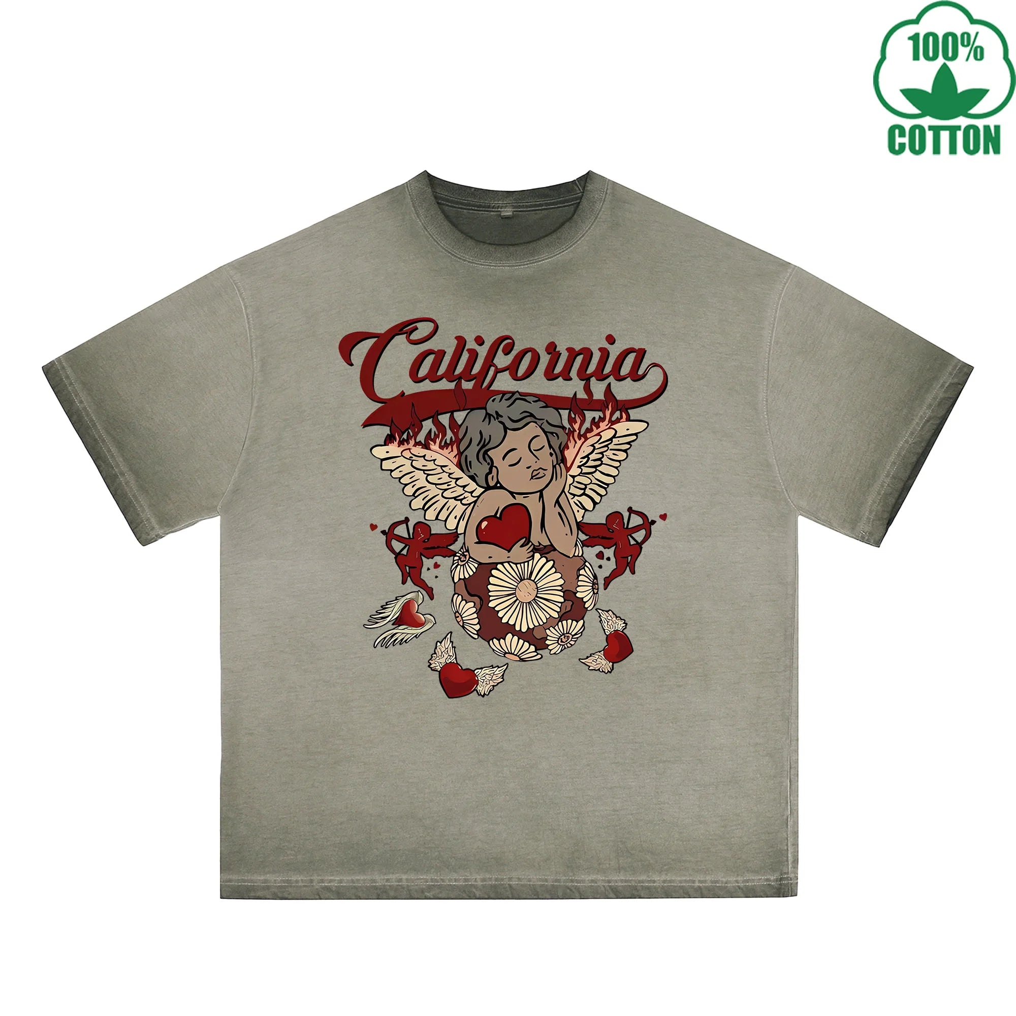 BOGGO  God of Love Printed Dirty WashT-Shirt 230G Multicolor Loose Trendy Short Sleeves Fashionable 100%Cotton Top