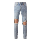 BOGGO High Street Men's Jeans American Distressed Dark Black Coated Blank Stretch Skinny Button Fly Ripped Pants Trousers