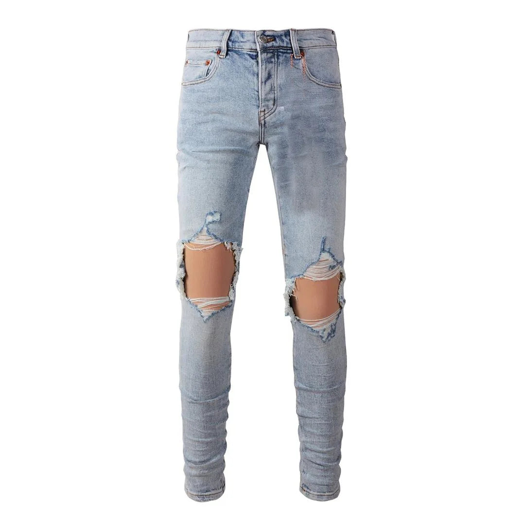 BOGGO High Street Men's Jeans American Distressed Dark Black Coated Blank Stretch Skinny Button Fly Ripped Pants Trousers